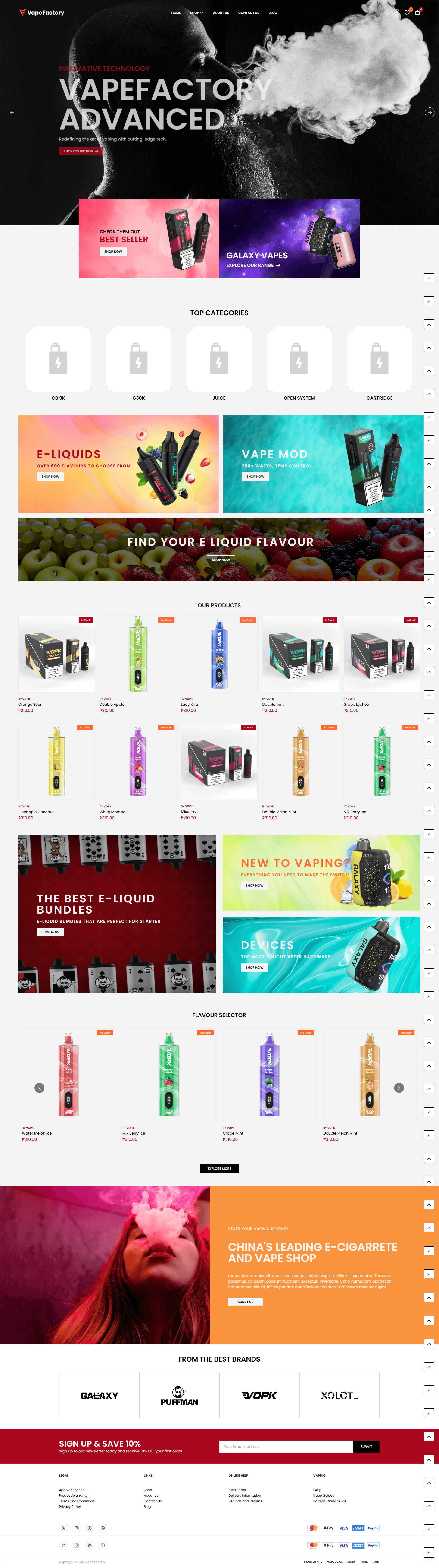 Image of Vapefactory website showing the font page layout